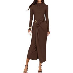 Zesica Women's Brown Long Sleeve Mock Neck Long Midi Bodycon Cocktail Dress